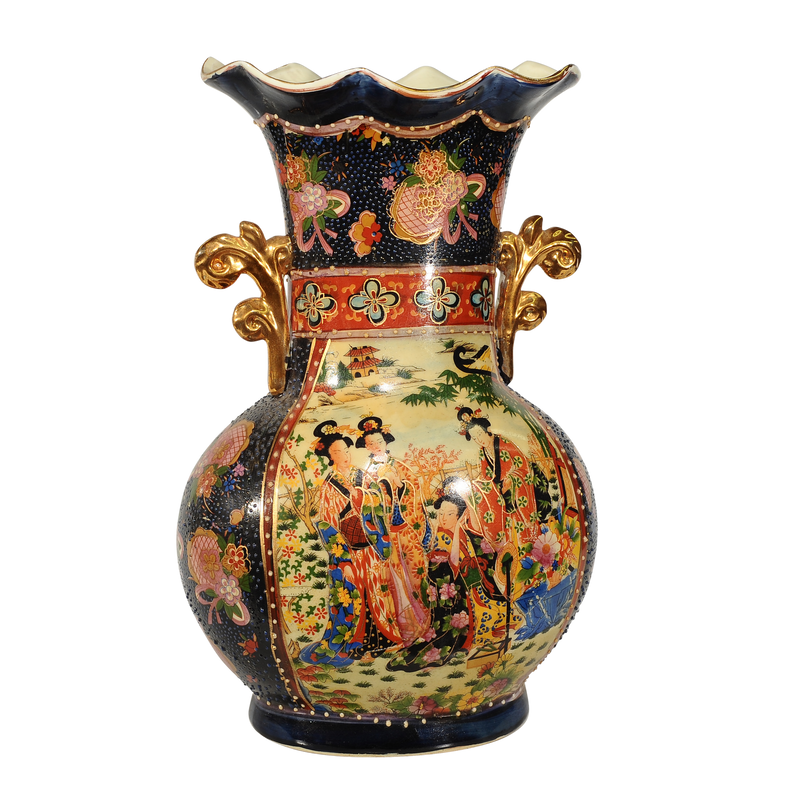 אגרטל גבוה מסוג פורצלן (חרסינה). סגנון אסייתי. כולל אוזניים מוזהבות