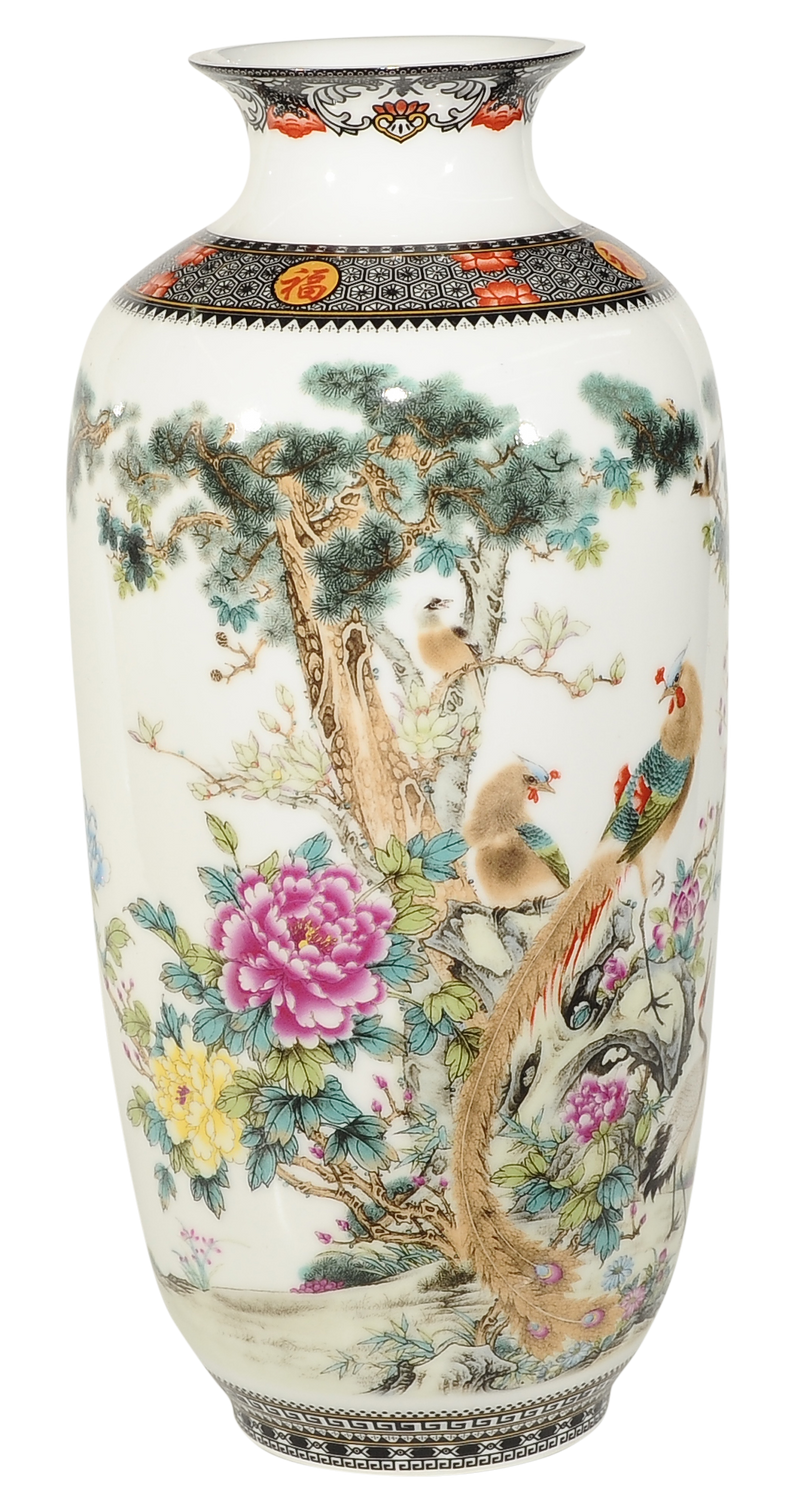 אגרטל גבוה מסוג פורצלן (חרסינה). בסיס צבע לבן. פרחונית. סגנון אסייתי